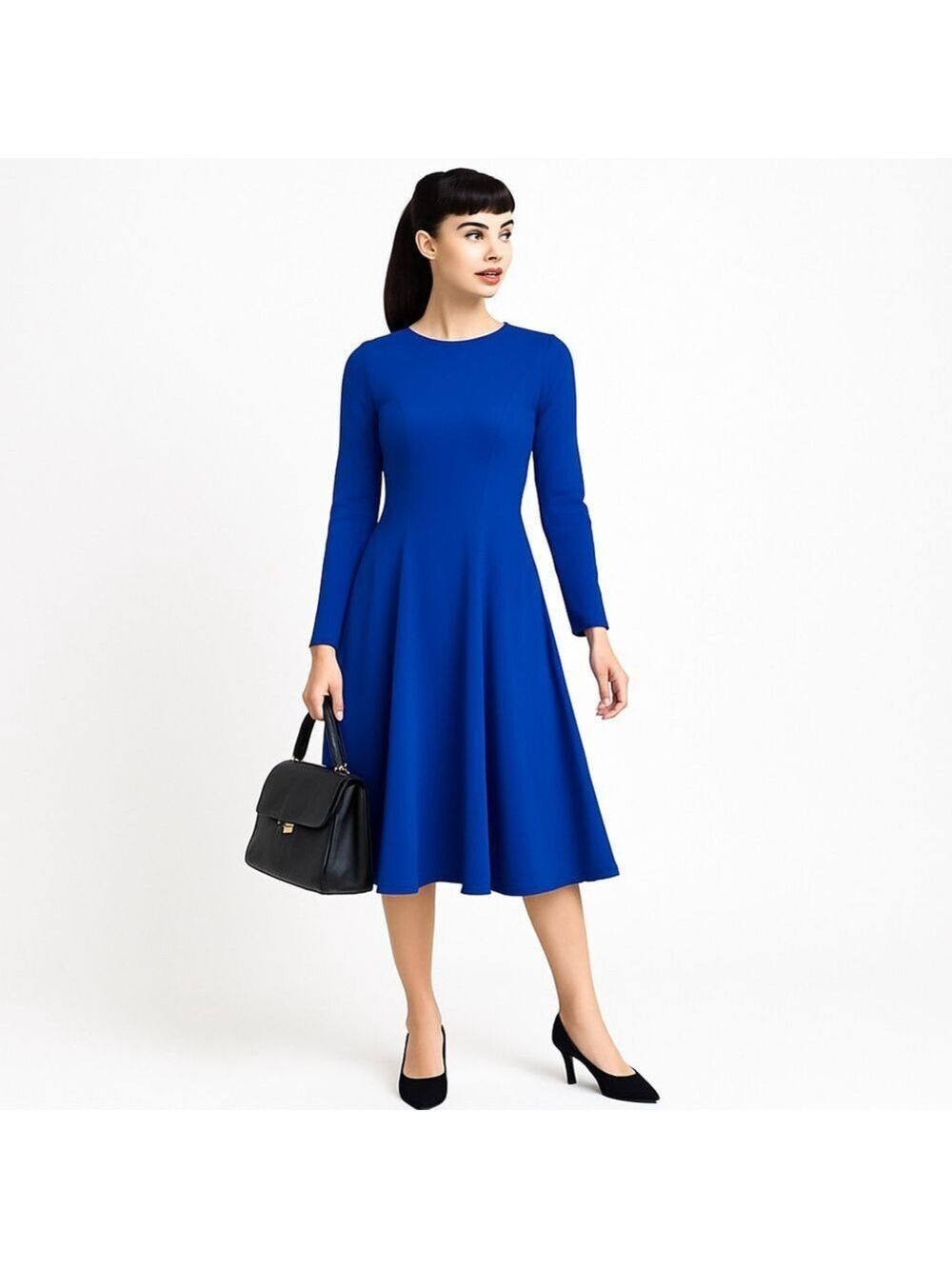 Royal Blue Knit Fit & Flare Midi Dress Made in Italy NWT M 8 10 Work Cocktail
